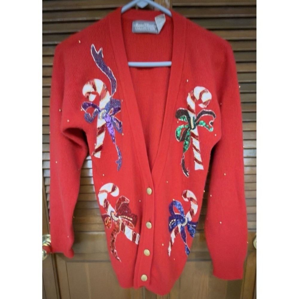 Vintage Marisa Christina Christmas Sweater Cardigan Candy Cane Sequin Red M